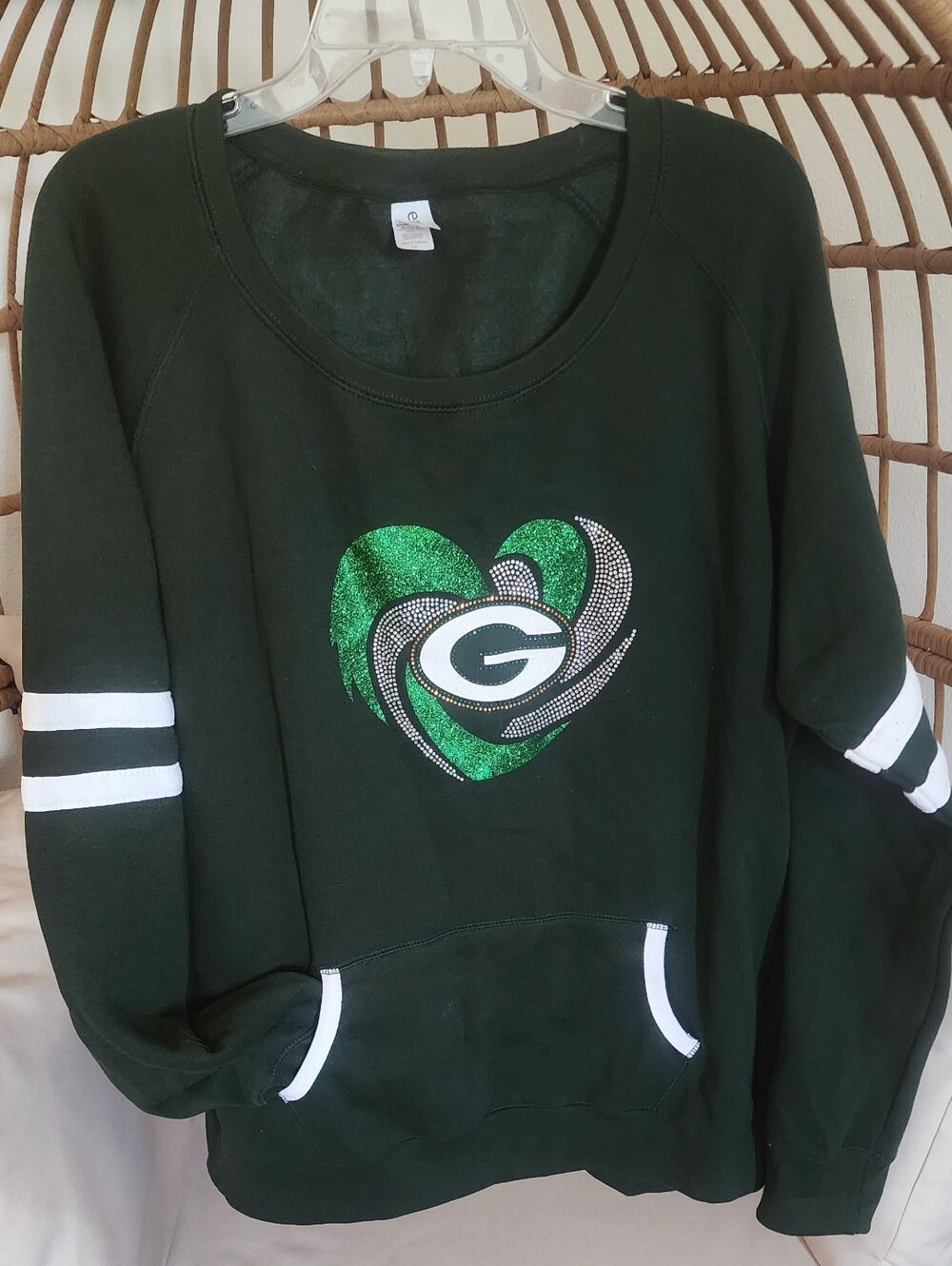 Packer Ladies Green Pullover Crew Neck Sweatshirt By Enza Kangaroo Pocket Sz 2X